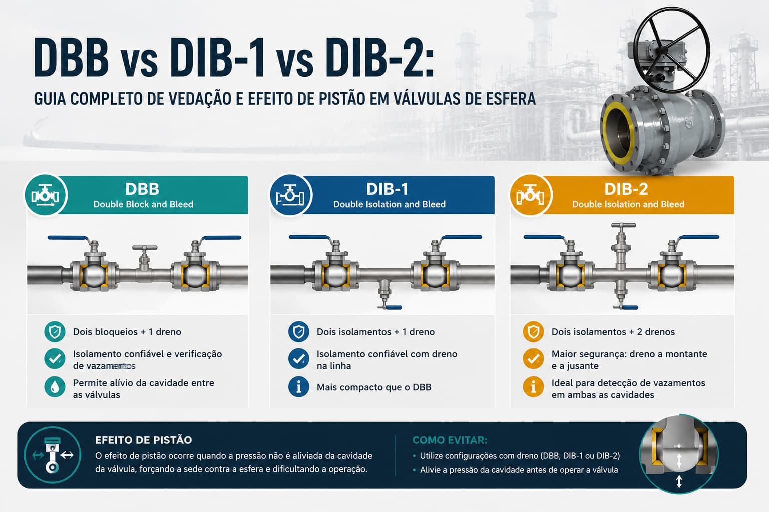 DBB vs DIB-1 vs DIB-2: Guia Completo de Vedação e Efeito de Pistão em Válvulas de Esfera